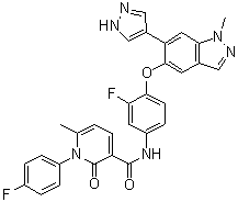 结构式 CAS# 1206799-15-6, N-[3-氟-4-[[1-甲基-6-(1H-吡唑-4-基)-1H-吲唑-5-基]氧基]苯基]-1-(4-氟苯基)-1,2-二氢-6-甲基-2-氧代-3-吡啶甲酰胺