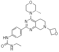 structure of CAS# 1207360-89-1, GDC-0349;N-Ethyl-N'-[4-[5,6,7,8-tetrahydro-4-[(3S)-3-methyl-4-morpholinyl]-7-(3-oxetanyl)pyrido[3,4-d]pyrimidin-2-yl]phenyl]urea