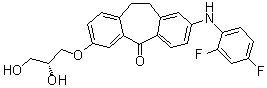 structure of CAS# 1221485-83-1, Skepinone-L;2-[(2,4-Difluorophenyl)amino]-7-[(2R)-2,3-dihydroxypropoxy]-10,11-dihydro-5H-dibenzo[a,d]cyclohepten-5-one