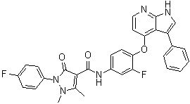 结构式 CAS# 1221713-92-3, 2-(4-氟苯基)-N-[3-氟-4-[(3-苯基-1H-吡咯并[2,3-b]吡啶-4-基)氧基]苯基]-2,3-二氢-1,5-二甲基-3-氧代-1H-吡唑-4-甲酰胺