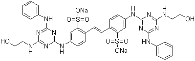 structure of CAS# 12224-06-5, Fluorescent brightener 85;Optical Brightener VBL; Disodium 4,4'-bis[(4-anilino-6-hydroxyethylamino-1,3,5-triazin-2-yl)amino]stilbene-2,2'-disulphonate