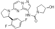 structure of CAS# 1223403-58-4, Larotrectinib;(3S)-N-[5-[(2R)-2-(2,5-Difluorophenyl)-1-pyrrolidinyl]pyrazolo[1,5-a]pyrimidin-3-yl]-3-hydroxy-1-pyrrolidinecarboxamide; ARRY 470; LOXO 101