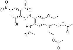 structure of CAS# 12239-34-8, Disperse Blue 79 ;4-(2-Bromo-4,6-dinitrophenylazo)-5-acetylamino-2-ethoxy-N,N-bis(2-acetoxyethyl)aniline