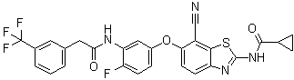 结构式 CAS# 1228591-30-7, N-[7-氰基-6-[4-氟-3-[[[3-(三氟甲基)苯基]乙酰基]氨基]苯氧基]-1,3-苯并噻唑-2-基]环丙烷甲酰胺