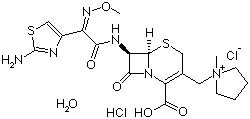 structure of CAS# 123171-59-5, Cefepime hydrochloride;(6R,7R)-7-[(Z)-2-(2-Amino-4-thiazolyl)-2-(methoxyimino)acetamido]-3-[1-(1-methylpyrrolidinyl)methyl]-8-oxo-5-thia-1-azabicyclo[4.2.0]oct-2-en-2-carboxylic acid hydrochloride monohydrate
