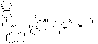 结构式 CAS# 1235034-55-5, 2-[8-[(2-苯并噻唑基氨基)羰基]-3,4-二氢-2(1H)-异喹啉基]-5-[3-[4-[3-(二甲基氨基)-1-丙炔-1-基]-2-氟苯氧基]丙基]-4-噻唑羧酸