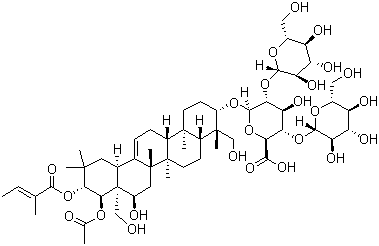 structure of CAS# 123748-68-5, Escin IA;Aescin IA; (2S,3S,4S,5R,6R)-6-[[(3S,4S,4aR,6aR,6bS,8R,8aR,9R,10R,12aS,14aR,14bR)-9-acetyloxy-8-hydroxy-4,8a-bis(hydroxymethyl)-4,6a,6b,11,11,14b-hexamethyl-10-[(E)-2-methylbut-2-enoyl]oxy-1,2,3,4a,5,6,7,8,9,10,12,12a,14,14a-tetradecahydropicen-3-yl]oxy]-4-hydroxy-3,5-bis[[(2S,3R,4S,5S,6R)-3,4,5-trihydroxy-6-(hydroxymethyl)oxan-2-yl]oxy]oxane-2-carboxylic acid