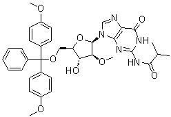 N-[9-[5-O-[Bis(4-methoxyphenyl)phenylmethyl]-2-O-methyl-beta-D-arabinofuranosyl]-6,9-dihydro-6-oxo-1H-purin-2-yl]-2-methylpropanamide molecular structure (CAS 1239669-73-8)