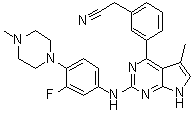 structure of CAS# 1239875-86-5, 3-[2-[[3-Fluoro-4-(4-methyl-1-piperazinyl)phenyl]amino]-5-methyl-7H-pyrrolo[2,3-d]pyrimidin-4-yl]benzeneacetonitrile;SGI 7079