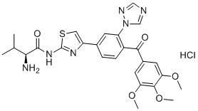 structure of CAS# 1240321-53-2, Valecobulin hydrochloride;Unii-2J9QE0TM5I; (2S)-2-amino-3-methyl-N-[4-[3-(1,2,4-triazol-1-yl)-4-(3,4,5-trimethoxybenzoyl)phenyl]-1,3-thiazol-2-yl]butanamide;hydrochloride
