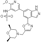 structure of CAS# 1254036-66-2, rel-N-[5-[4-[5-[[(2R,6S)-2,6-Dimethyl-4-morpholinyl]methyl]-2-oxazolyl]-1H-indazol-6-yl]-2-methoxy-3-pyridinyl]methanesulfonamide