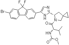 structure of CAS# 1256388-50-7, N-[(1S)-1-[[(6S)-6-[5-(7-Bromo-9,9-difluoro-9H-fluoren-2-yl)-1H-imidazol-2-yl]-5-azaspiro[2.4]hept-5-yl]carbonyl]-2-methylpropyl]carbamic acid methyl ester