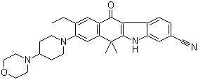 structure of CAS# 1256580-46-7, CH 5424802;9-Ethyl-6,11-dihydro-6,6-dimethyl-8-[4-(4-morpholinyl)-1-piperidinyl]-11-oxo-5H-benzo[b]carbazole-3-carbonitrile