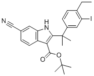 结构式 CAS# 1256584-75-4, 6-氰基-2-[1-(4-乙基-3-碘苯基)-1-甲基乙基]-1H-吲哚-3-羧酸叔丁酯