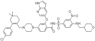 structure of CAS# 1257044-40-8, ABT 199;4-[4-[[2-(4-Chlorophenyl)-4,4-dimethyl-1-cyclohexen-1-yl]methyl]-1-piperazinyl]-N-[[3-nitro-4-[[(tetrahydro-2H-pyran-4-yl)methyl]amino]phenyl]sulfonyl]-2-(1H-pyrrolo[2,3-b]pyridin-5-yloxy)-benzamide