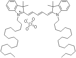 structure of CAS# 127274-91-3, 1,1'-Dioctadecyl-3,3,3',3'-tetramethylindodicarbocyanine perchlorate;3H-Indolium, 2-[5-(1,3-dihydro-3,3-dimethyl-1-octadecyl-2H-indol-2-ylidene)-1,3-pentadien-1-yl]-3,3-dimethyl-1-octadecyl-, perchlorate (1:1)