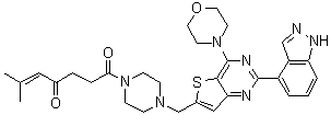 structure of CAS# 1276105-89-5, 1-[4-[[2-(1H-Indazol-4-yl)-4-(4-morpholinyl)thieno[3,2-d]pyrimidin-6-yl]methyl]-1-piperazinyl]-6-methyl-5-heptene-1,4-dione