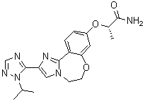 structure of CAS# 1282514-88-8, (2S)-2-[[5,6-Dihydro-2-[1-(1-methylethyl)-1H-1,2,4-triazol-5-yl]imidazo[1,2-d][1,4]benzoxazepin-9-yl]oxy]propanamide;GDC 0326
