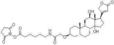 (3beta,5beta,12beta)-3-[2-[[6-[(2,5-Dioxo-1-pyrrolidinyl)oxy]-6-oxohexyl]amino]-2-oxoethoxy]-12,14-dihydroxycard-20(22)-enolide molecular structure (CAS 129273-26-3)
