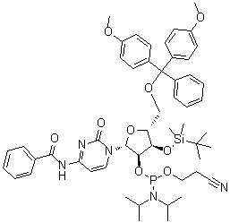 structure of CAS# 129470-47-9, N-Benzoyl-5'-O-[bis(4-methoxyphenyl)phenylmethyl]-3'-O-[(1,1-dimethylethyl)dimethylsilyl]-cytidine 2'-[2-cyanoethyl bis(1-methylethyl)phosphoramidite]