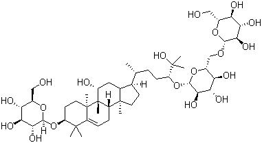 structure of CAS# 130567-83-8, Mogroside III;(3beta,9beta,10alpha,11alpha,24R)-3-(beta-D-Glucopyranosyloxy)-11,25-dihydroxy-9-methyl-19-norlanost-5-en-24-yl 6-O-beta-D-glucopyranosyl-beta-D-glucopyranoside