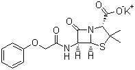 structure of CAS# 132-98-9, Penicillin V potassium salt;Phenoxymethylpenicillin potassium salt; 3,3-Dimethyl-7-oxo-6-(2-phenoxy-acetamido)-4-thia-1-azabicyclo[3.2.0]heptane-2-carboxylic acid monopotassium salt