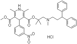 structure of CAS# 132866-11-6, Lercanidipine hydrochloride;1,4-Dihydro-2,6-dimethyl-4-(3-nitrophenyl)-3,5-pyridinedicarboxylic acid 2-[(3,3-diphenylpropyl)methylamino]-1,1-dimethylethyl methyl ester hydrochloride