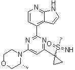 structure of CAS# 1352226-88-0, 4-[4-[1-[[S(R)]-S-Methylsulfonimidoyl]cyclopropyl]-6-[(3R)-3-methyl-4-morpholinyl]-2-pyrimidinyl]-1H-pyrrolo[2,3-b]pyridine