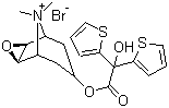 结构式 CAS# 136310-93-5, 噻托溴铵; (1R,2R,4S,5S,7S)-7-[2-羟基-2,2-二(2-噻吩基)乙酰氧]-9,9-二甲基-3-环氧-9-氮阳离子三环辛烷[3.3.1.02.4]壬烷溴化物