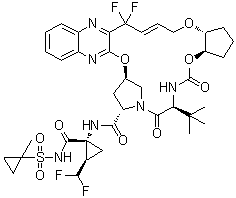 structure of CAS# 1365970-03-1, Glecaprevir;(1R,2R)-N-[[[(1R,2R)-2-[[4,4-Difluoro-4-(3-hydroxy-2-quinoxalinyl)-2-buten-1-yl]oxy]cyclopentyl]oxy]carbonyl]-3-methyl-L-valyl-(4R)-4-hydroxy-L-prolyl-1-amino-2-(difluoromethyl)-N-[(1-methylcyclopropyl)sulfonyl]cyclopropanecarboxamide cyclic (1→2)-ether; A 1282576.0; ABT 493