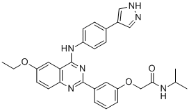 结构式 CAS# 1369452-53-8, 2-[3-[6-乙氧基-4-[4-(1H-吡唑-4-基)苯胺基]喹唑啉-2-基]苯氧基]-N-丙烷-2-基乙酰胺