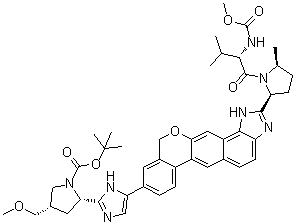 结构式 CAS# 1378391-45-7, (2S,4S)-2-[5-[1,11-二氢-2-[(2S,5S)-1-[(2S)-2-[(甲氧羰基)氨基]-3-甲基-1-氧代丁基]-5-甲基-2-吡咯烷基][2]苯并吡喃并[4',3':6,7]萘并[1,2-d]咪唑-9-基]-1H-咪唑-2-基]-4-(甲氧基甲基)-1-吡咯烷羧酸叔丁酯