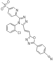 4-[5-[(1E)-2-[4-(2-Chlorophenyl)-5-[5-(methylsulfonyl)-2-pyridinyl]-4H-1,2,4-triazol-3-yl]ethenyl]-1,3,4-oxadiazol-2-yl]benzonitrile molecular structure (CAS 1380672-07-0)