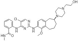 structure of CAS# 1391712-60-9, CEP-37440;2-[[5-Chloro-2-[[(6S)-6,7,8,9-tetrahydro-6-[4-(2-hydroxyethyl)-1-piperazinyl]-1-methoxy-5H-benzocyclohepten-2-yl]amino]-4-pyrimidinyl]amino]-N-methylbenzamide