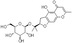 structure of CAS# 1401799-34-5, Monnieriside G;(2R)-2-[1-(beta-D-Glucopyranosyloxy)-1-methylethyl]-2,3-dihydro-4-hydroxy-7-methyl-5H-furo[3,2-g][1]benzopyran-5-one