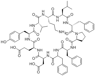 结构式 CAS# 1404-88-2, 环[天冬氨酰-谷氨酰-酪氨酰-缬氨酰-鸟氨酰-亮氨酰-D-苯丙氨酰-脯氨酰-苯丙氨酰-DL-苯丙氨酰]