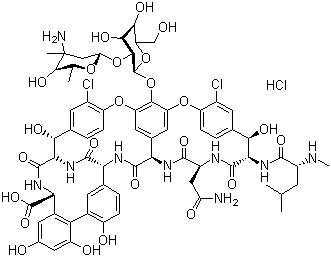 structure of CAS# 1404-93-9, Vancomycin hydrochloride ;(1S,2R,18R,19R,22S,25R,28R,40S)-48-[(2S,3R,4S,5S,6R)-3-[(2S,4S,5S,6S)-4-amino-5-hydroxy-4,6-dimethyloxan-2-yl]oxy-4,5-dihydroxy-6-(hydroxymethyl)oxan-2-yl]oxy-22-(2-amino-2-oxoethyl)-5,15-dichloro-2,18,32,35,37-pentahydroxy-19-[[(2R)-4-methyl-2-(methylamino)pentanoyl]amino]-20,23,26,42,44-pentaoxo-7,13-dioxa-21,24,27,41,43-pentazaoctacyclo[26.14.2.23,6.214,17.18,12.129,33.010,25.034,39]pentaconta-3,5,8(48),9,11,14,16,29(45),30,32,34(39),35,37,46,49-pentadecaene-40-carboxylic acid;hydrochloride