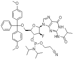 结构式 CAS# 1404463-20-2, N-[9-[5-O-[双(4-甲氧基苯基)苯基甲基]-3-O-[[双(1-甲基乙基)氨基](2-氰基乙氧基)膦基]-2-脱氧-2-氟-beta-D-呋喃阿拉伯糖基]-6,9-二氢-6-氧代-1H-嘌呤-2-基]-2-甲基丙酰胺