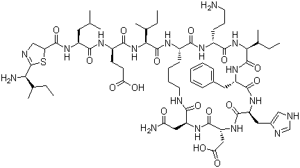 structure of CAS# 1405-87-4, Bacitracin;N-[[(4R)-2-[(1S,2S)-1-Amino-2-methylbutyl]-4,5-dihydro-4-thiazolyl]carbonyl]-L-leucyl-D-alpha-glutamyl-L-isoleucyl-L-lysyl-D-ornithyl-L-isoleucyl-D-phenylalanyl-L-histidyl-D-alpha-aspartyl-L-asparagine (10.4)-lactam