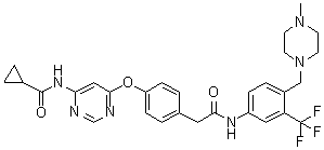 structure of CAS# 1421227-53-3, 4-[[6-[(Cyclopropylcarbonyl)amino]-4-pyrimidinyl]oxy]-N-[4-[(4-methyl-1-piperazinyl)methyl]-3-(trifluoromethyl)phenyl]benzeneacetamide