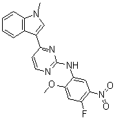 structure of CAS# 1421372-94-2, N-(4-Fluoro-2-methoxy-5-nitrophenyl)-4-(1-methyl-1H-indol-3-yl)-2-pyrimidinamine