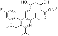 结构式 CAS# 143201-11-0, 西立伐他汀钠; (+)-(3R,5S,6E)-7-[4-(4-氟苯基)-2,6-二异丙基-5-甲氧甲基-吡啶-3-基]-3,5-二羟基-6-庚烯酸单钠盐