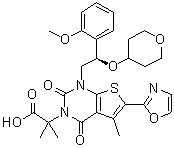 结构式 CAS# 1434635-54-7, 1,4-二氢-1-[(2R)-2-(2-甲氧基苯基)-2-[(四氢-2H-吡喃-4-基)氧基]乙基]-alpha,alpha,5-三甲基-6-(2-恶唑基)-2,4-二氧代噻吩并[2,3-d]嘧啶-3(2H)-乙酸