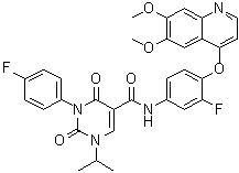 structure of CAS# 1437321-24-8, N-[4-[(6,7-Dimethoxy-4-quinolinyl)oxy]-3-fluorophenyl]-3-(4-fluorophenyl)-1,2,3,4-tetrahydro-1-(1-methylethyl)-2,4-dioxo-5-pyrimidinecarboxamide;CEP 40783