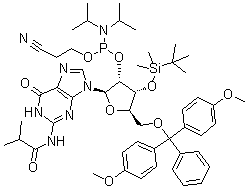 structure of CAS# 1445905-51-0, 5'-O-[Bis(4-methoxyphenyl)phenylmethyl]-3'-O-[(1,1-dimethylethyl)dimethylsilyl]-N-(2-methyl-1-oxopropyl)-guanosine 2'-[2-cyanoethyl N,N-bis(1-methylethyl)phosphoramidite]