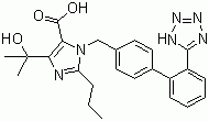 结构式 CAS# 144689-24-7, 奥美沙坦; 4-(1-羟基-1-甲基乙基)-2-丙基-1-[2'-(四唑-5-基)苯基]苯基]甲基咪唑-5-羧酸