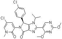 structure of CAS# 1448867-41-1, (S)-5-(5-Chloro-1-methyl-2-oxo-1,2-dihydropyridin-3-yl)-6-(4-chlorophenyl)-2-(2,4-dimethoxypyrimidin-5-yl)-1-isopropyl-5,6-dihydro-1H-pyrrolo[3,4-d]imidazol-4-one;NVP-HDM 201