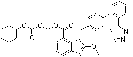structure of CAS# 145040-37-5, Candesartan cilexetil ;1-[[(cyclohexyloxy)carbonyl]oxy]ethyl 2-ethoxy-1-[[2'-(1H-tetrazol-5-yl)[1,1'-biphenyl]-4-yl]methyl]-1H-benzimidazole-7-carboxylate