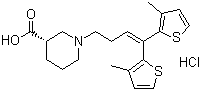 structure of CAS# 145821-59-6, Tiagabine hydrochloride;(3R)-1-[4,4-Bis(3-methylthiophen-2-yl)but-3-enyl]piperidine-3-carboxylic acid hydrochloride