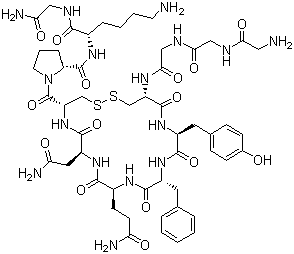 structure of CAS# 14636-12-5, Terlipressin;N-(N-(N-Glycylglycyl)glycyl)-8-L-lysinevasopressin; (2S)-1-[(4S,7S,10S,13S,16S,19S)-19-[[2-[[2-[(2-Aminoacetyl)amino]acetyl]amino]acetyl]amino]-13-benzyl-10-(2-carbamoylethyl)-7-(carbamoylmethyl)-16-[(4-hydroxyphenyl)methyl]-6,9,12,15,18-pentaoxo-1,2-dithia-5,8,11,14,17-pentazacycloicosane-4-carbonyl]-N-[(1S)-5-amino-1-(carbamoylmethylcarbamoyl)pentyl]pyrrolidine-2-carboxamide